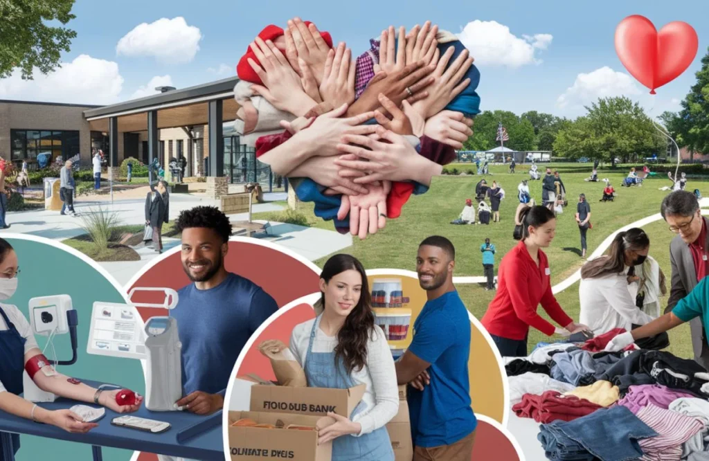 depict diverse groups of people engaging in activities like volunteering, donating, and helping those in need. Include symbols of giving, such as hands reaching out, hearts, and community gatherings. The overall tone should be warm and uplifting, reflecting the spirit of generosity, compassion, and collective action to improve society. The background can incorporate elements like community centers, shelters, or open parks where people are actively participating in acts of kindness and service