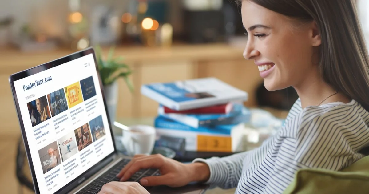 A woman sits at a table, focused on her laptop, engaged in work or study at PonderShort.com