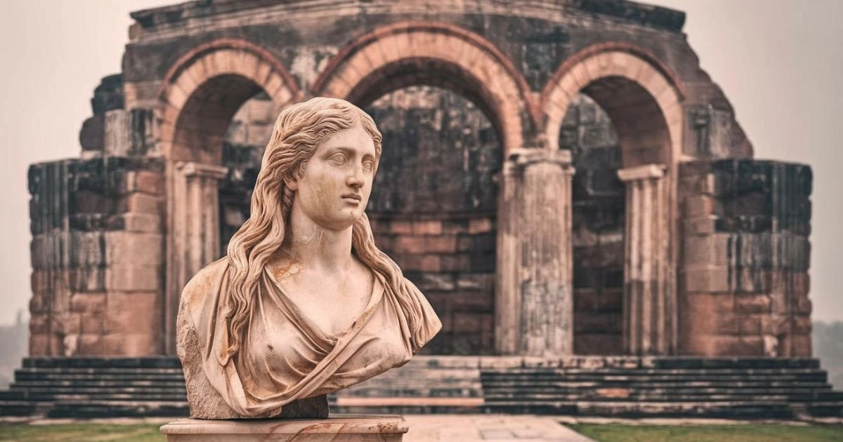 Ancient Arts: Marble bust of a woman with flowing hair in front of Roman-style ruins with arches and columns.