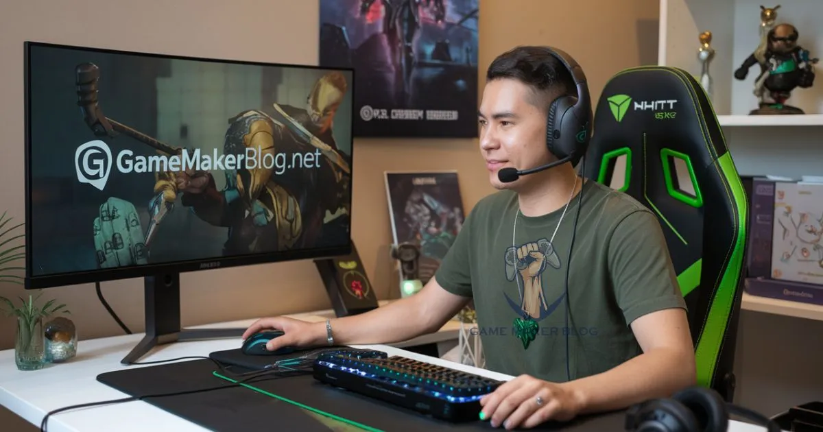 Game developer at a modern desk with GameMakerBlog.net homepage on the screen, surrounded by gaming decor