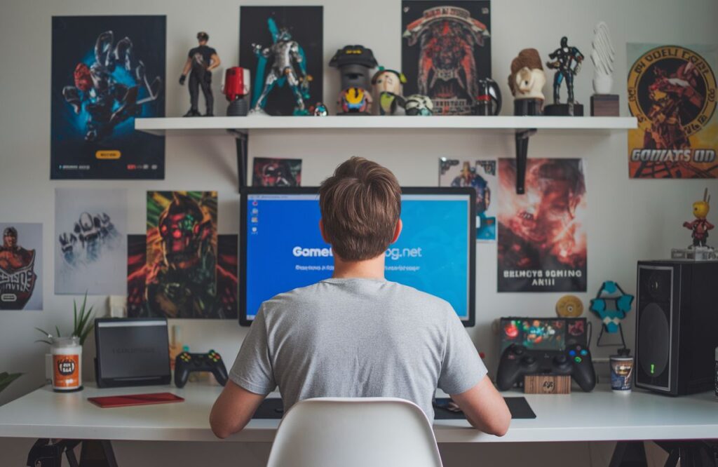 Game developer at a modern desk with https// gamemakerblog.net homepage on the screen, surrounded by gaming decor