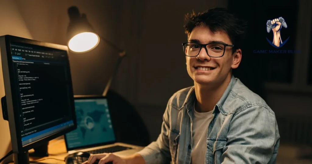 Game developer at a modern desk with https// gamemakerblog.net homepage on the screen, surrounded by gaming decor