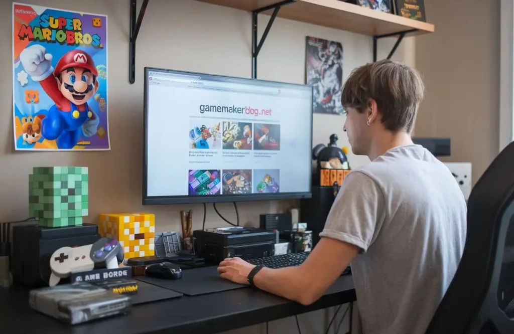 Game developer at a modern desk with https// gamemakerblog.net homepage on the screen, surrounded by gaming decor