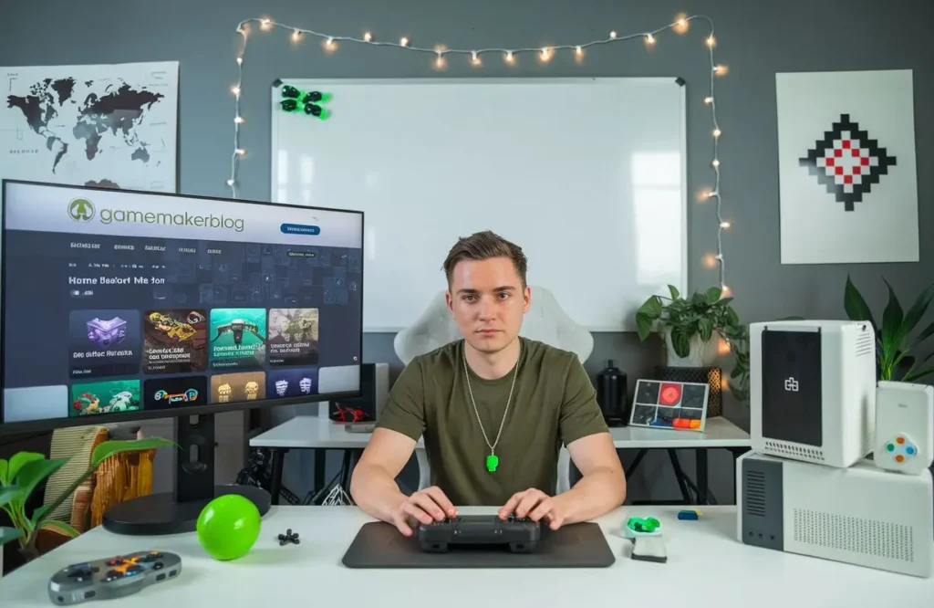 Game developer at a modern desk with https// gamemakerblog.net homepage on the screen, surrounded by gaming decor