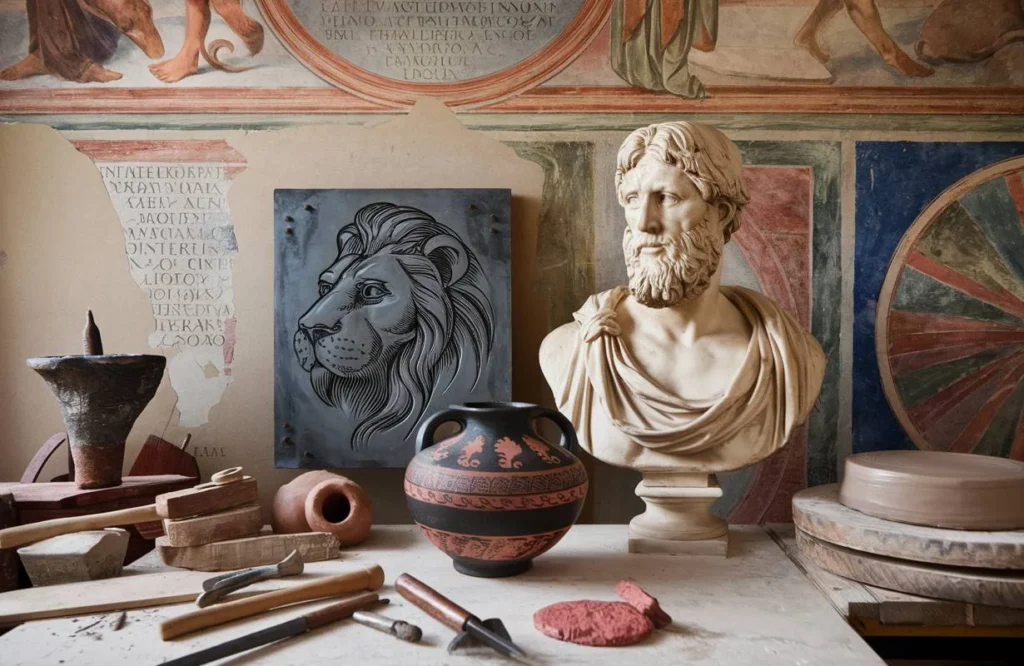 Materials and Techniques in Ancient Artz: A display of ancient materials including marble, clay, and bronze, alongside techniques like sculpting, engraving, and pottery making, exemplified by a classical bust, engraved metalwork, and pottery.