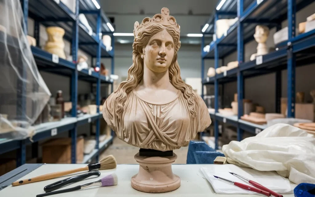 Preservation of Ancient Artz: A partially restored classical statue surrounded by preservation tools like brushes and magnifying glasses, set in a conservation lab, emphasizing the efforts to protect and conserve ancient artworks.