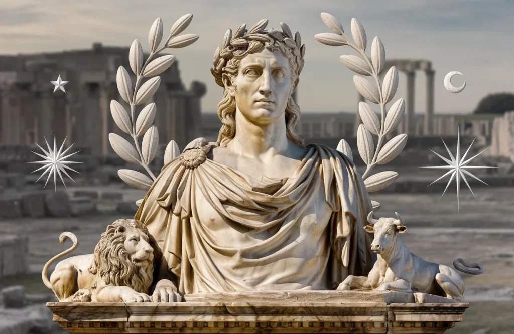 Symbolism in Ancient Artz: A classical marble statue surrounded by symbolic elements like laurel wreaths, animals, and celestial bodies, reflecting the spiritual and mystical meanings in ancient art.