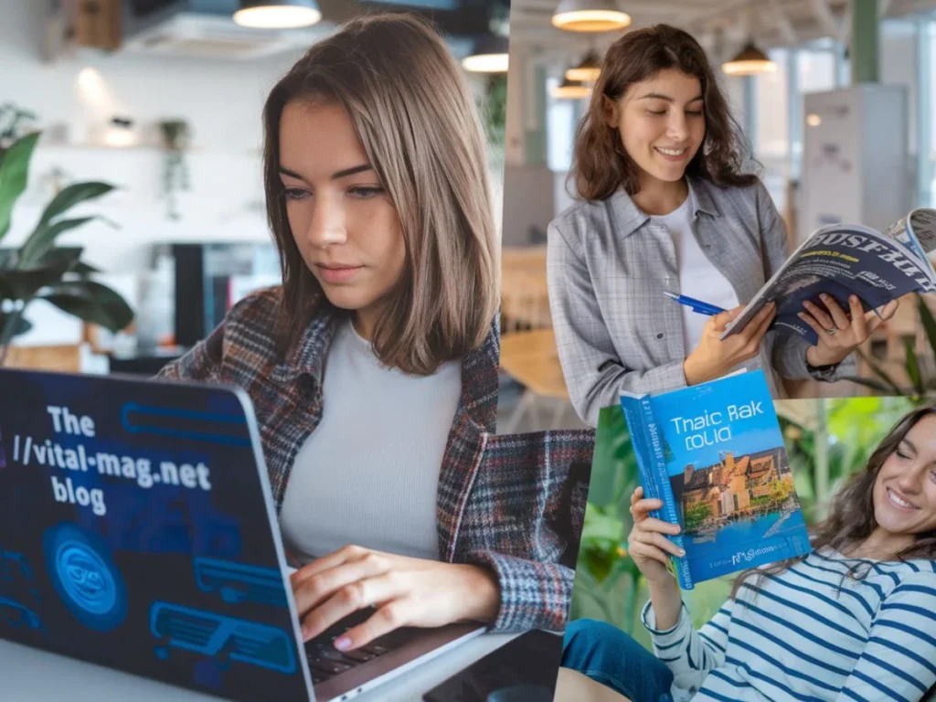 Three young women representing different topics on the vital-mag.net blog: one working on tech-related content on a laptop, another reviewing business strategies, and the third exploring lifestyle and personal growth with a travel guidebook, symbolizing the blog’s diverse and engaging content offerings.