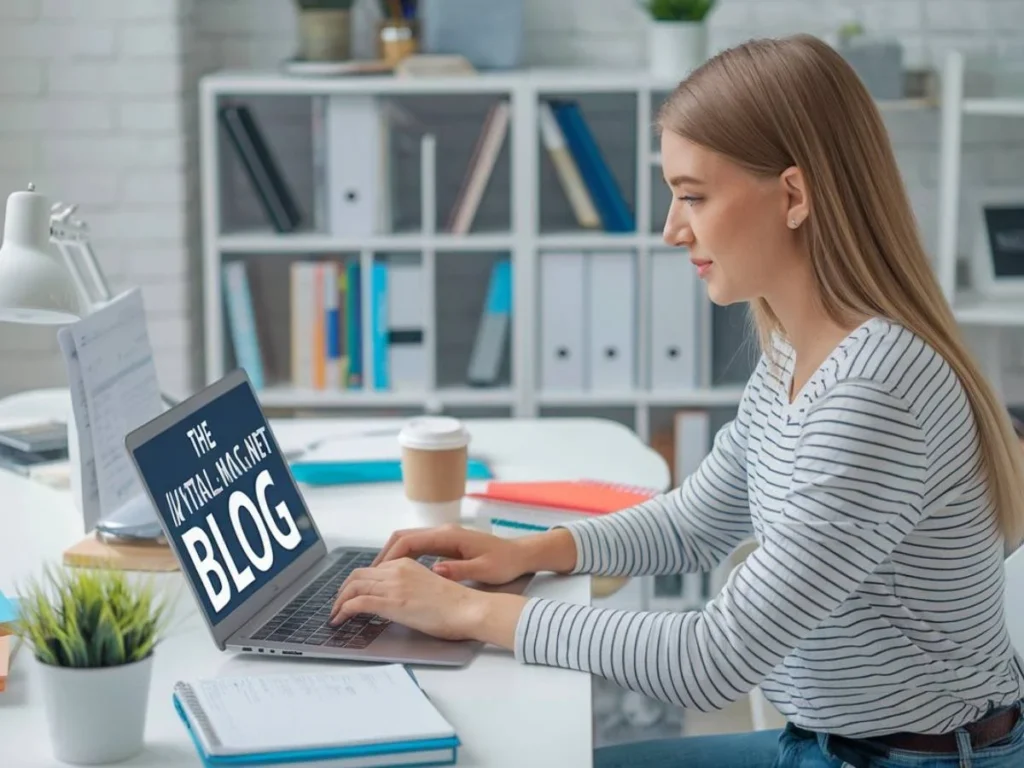 Young woman working at a modern desk, typing on a laptop displaying 'The ://vital-mag.net Blog,' symbolizing the blog’s organized content creation, thorough editorial review, and interactive reader engagement, with a professional and bright workspace background.