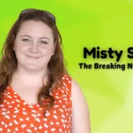 A smiling woman with long brown hair, wearing a red patterned top and sunglasses resting on her head, stands against a bright green background. The text 'Misty Severi, The Breaking News Reporter' is displayed in bold black font to her right.