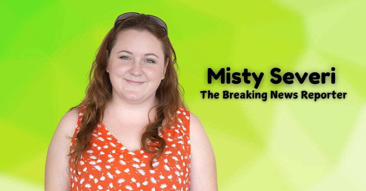 A smiling woman with long brown hair, wearing a red patterned top and sunglasses resting on her head, stands against a bright green background. The text 'Misty Severi, The Breaking News Reporter' is displayed in bold black font to her right.