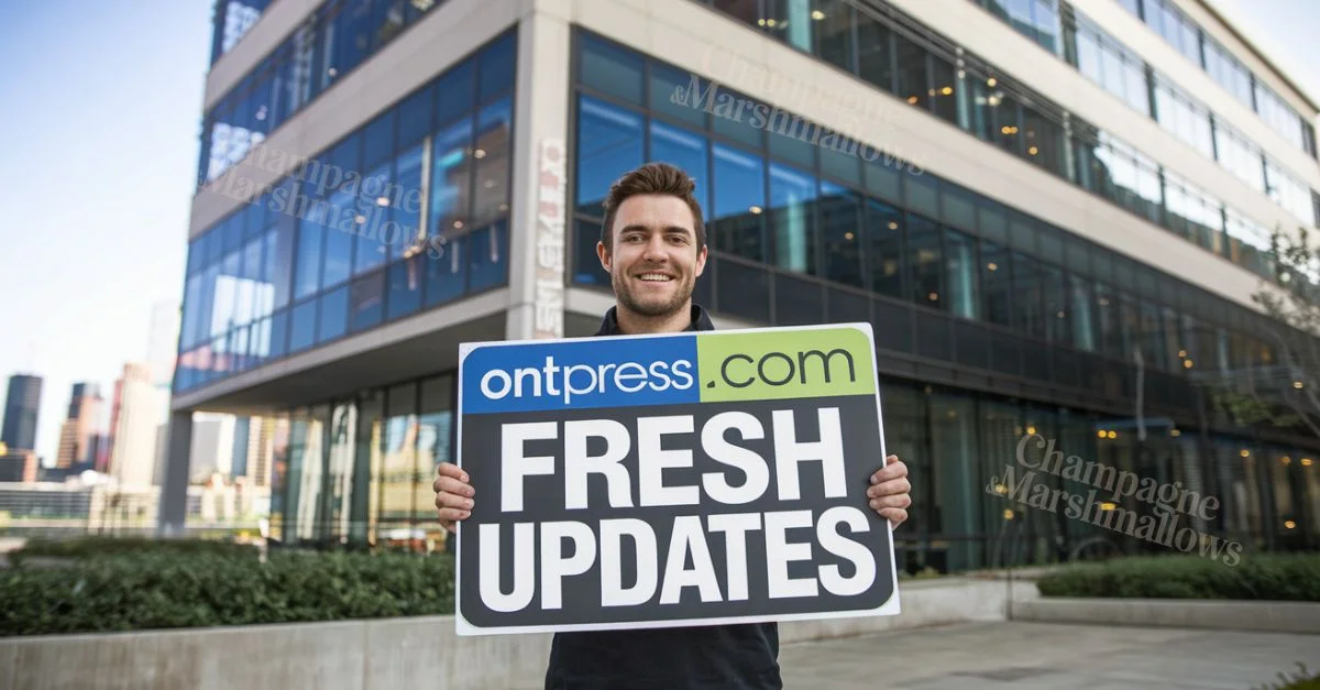 a man holding a "OntPressCom Fresh Updates" sign in front of a building. The building has multiple stories and largewindows. There's a city skyline in the background. The lighting is bright.