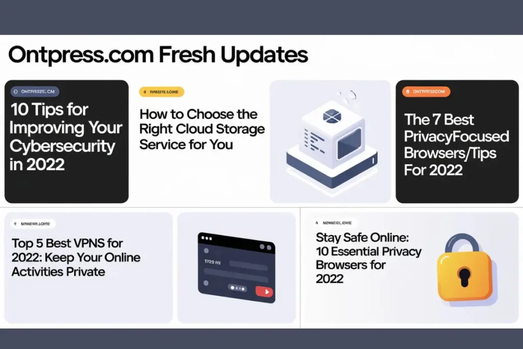 A collage of fresh updates on OntPressCom with the following articles: 1. "10 Tips for Improving Your Cybersecurity in 2022" 2. "Howto Choose the Right Cloud Storage Service for You" 3. "Top 5 Best VPNs for 2022: Keep Your Online Activities Private" 4. "The 7 Best Privacy-Focused Browsers for 2022" 5. "Stay Safe Online: 10 Essential Privacy Tips for 2022" Each article is represented by a card with a title and a brief description. There is a header that reads "OntPressCom Fresh Updates".