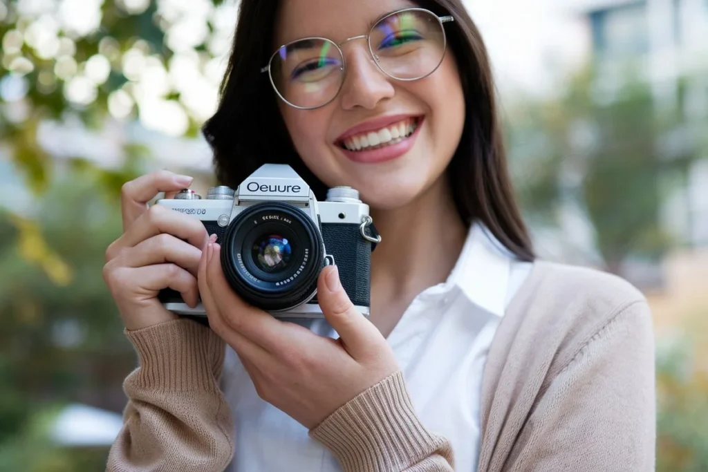 A woman with glasses is holding a Oeuvre Camera, ready to capture moments with a focused expression.